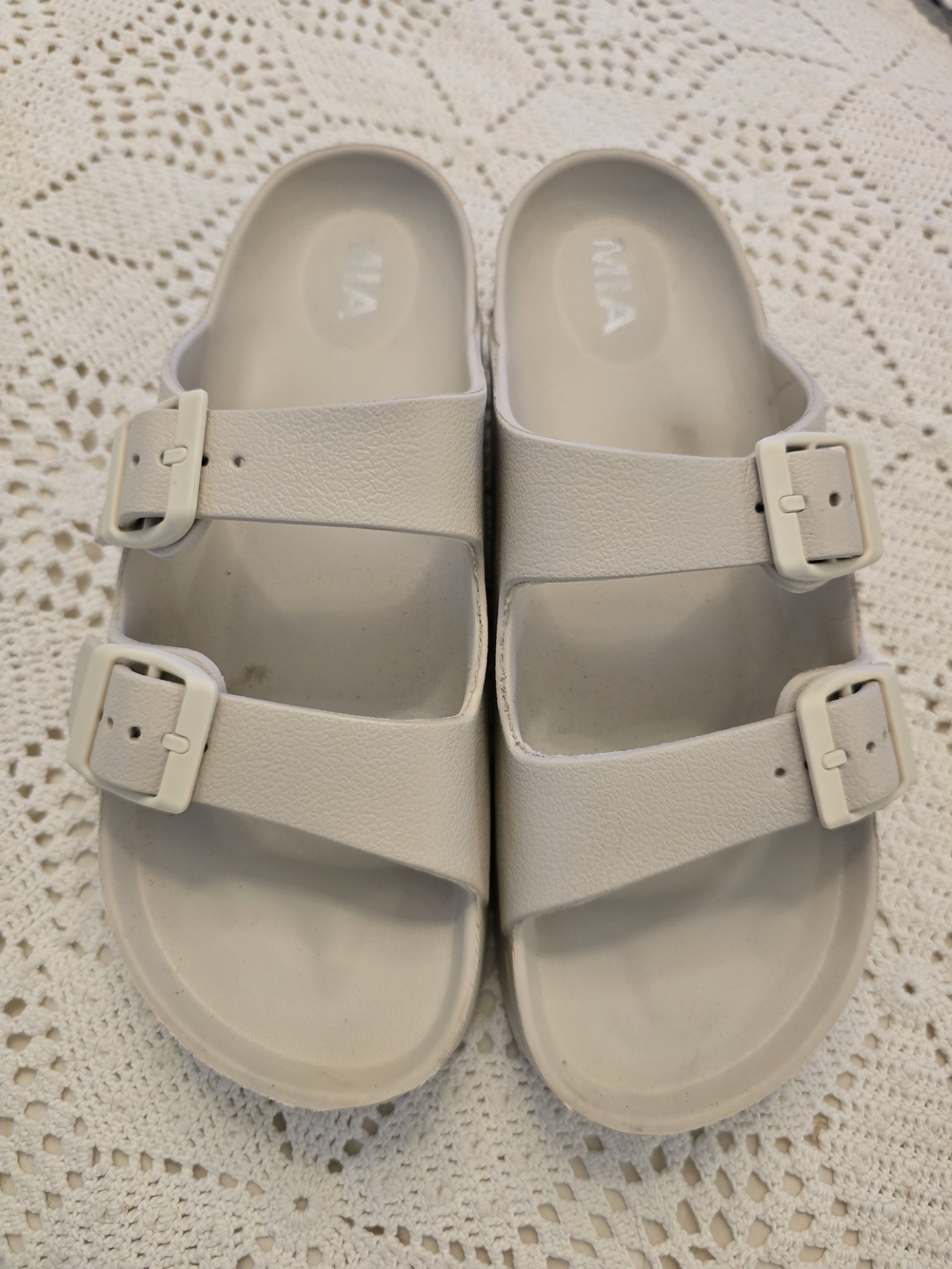 MIA Cream Double-Buckle Slide Sandals
